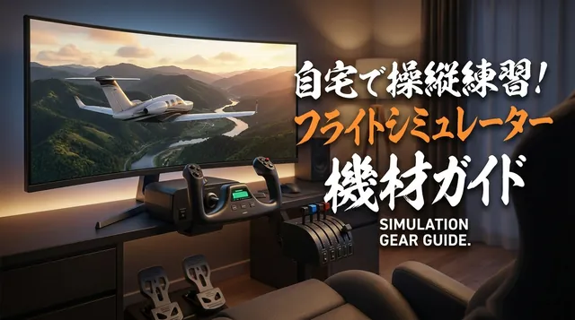 フライトシミュレーター コントローラー|画面の前のジョイスティックとスロットルと「フライトシミュレーター機材ガイド」の文字