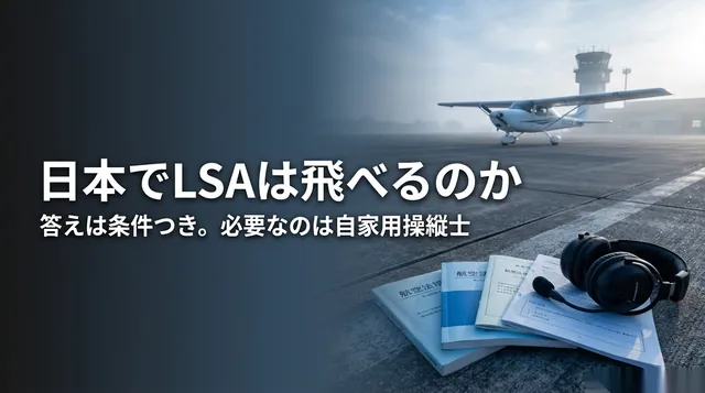 LSA 日本|滑走路と操縦の教本とヘッドセットと「日本でLSAは飛べるのか」の文字