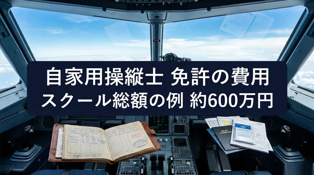 自家用操縦士 費用|操縦席から見た空と飛行記録の手帳と「自家用操縦士 免許の費用 スクール総額の例 約600万円」の文字